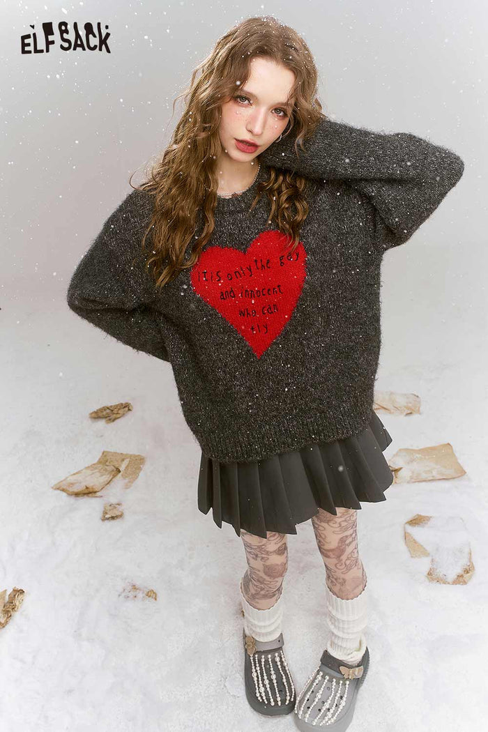 ELFSACK Loose Gray Heart Pattern Sweater