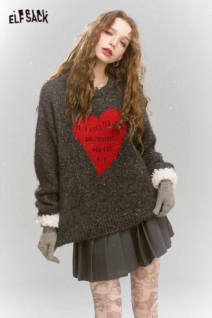 ELFSACK Loose Gray Heart Pattern Sweater
