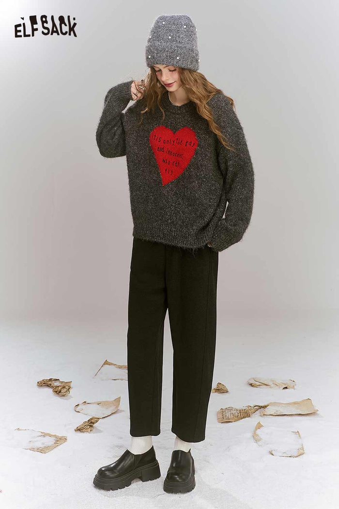 ELFSACK Loose Gray Heart Pattern Sweater