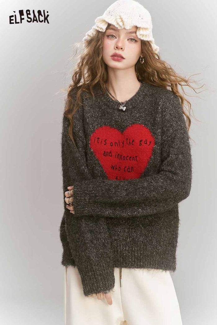 ELFSACK Loose Gray Heart Pattern Sweater