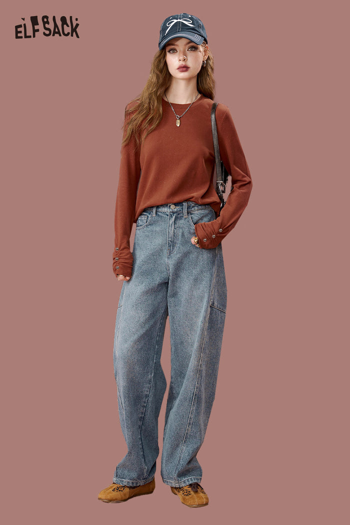 ELFSACK Loose Layering Solid Round Neck Basic Long Sleeve Tshirt