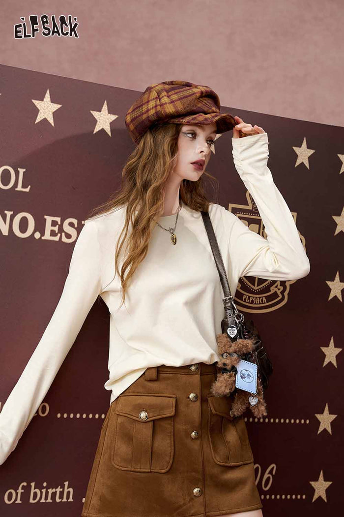 ELFSACK Loose Layering Solid Round Neck Basic Long Sleeve Tshirt