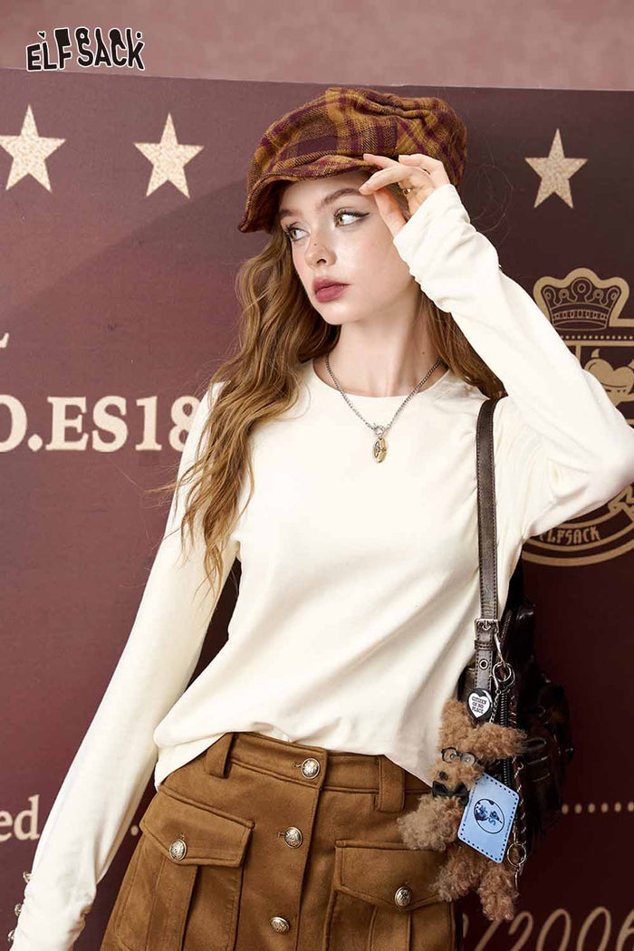 ELFSACK Loose Layering Solid Round Neck Basic Long Sleeve Tshirt