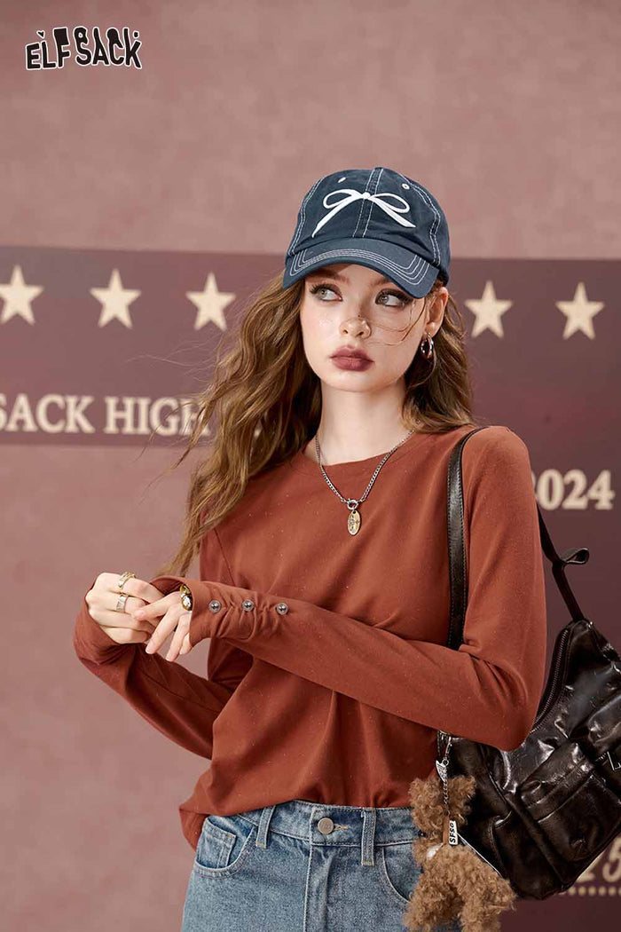 ELFSACK Loose Layering Solid Round Neck Basic Long Sleeve Tshirt