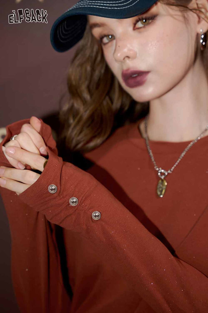 ELFSACK Loose Layering Solid Round Neck Basic Long Sleeve Tshirt