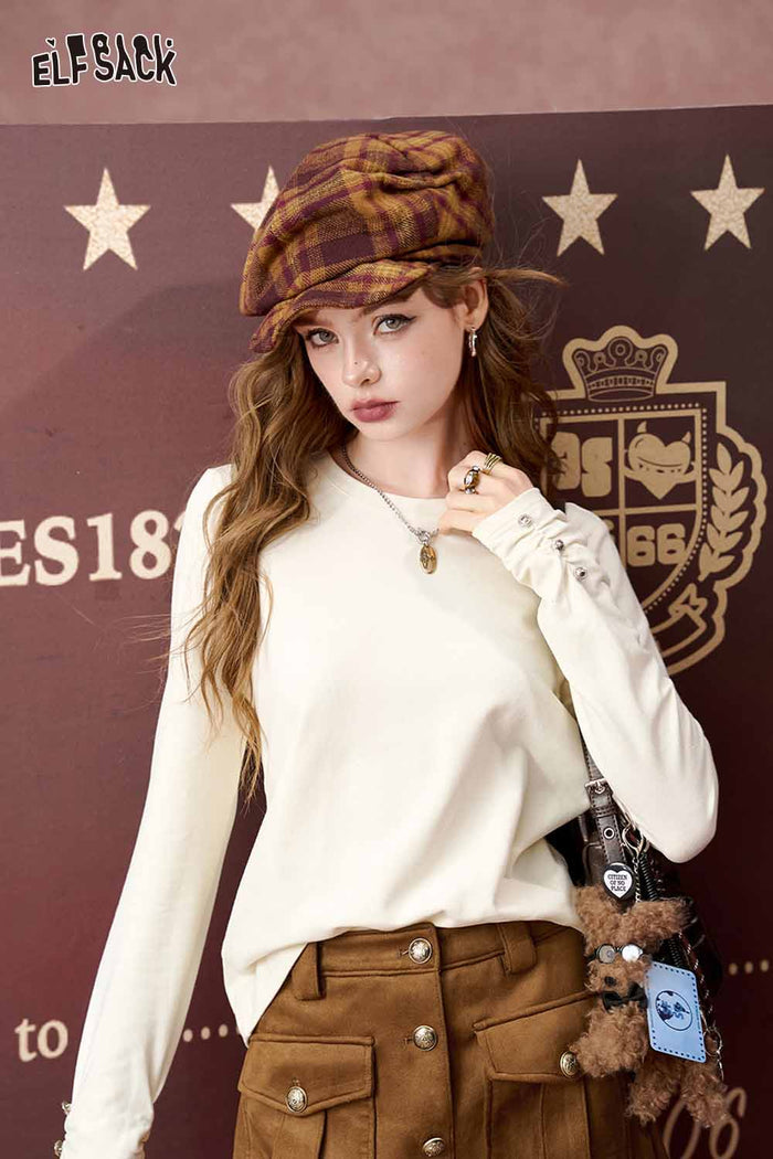 ELFSACK Loose Layering Solid Round Neck Basic Long Sleeve Tshirt