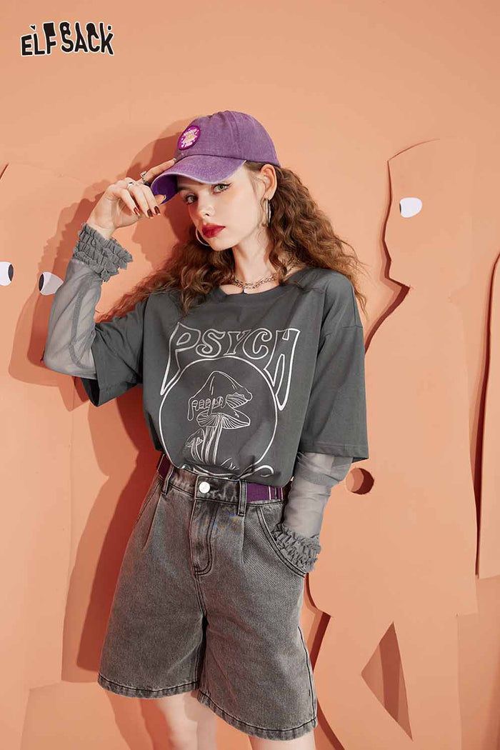 ELFSACK Loose Mesh Patchwork Design Long Sleeve Tshirt