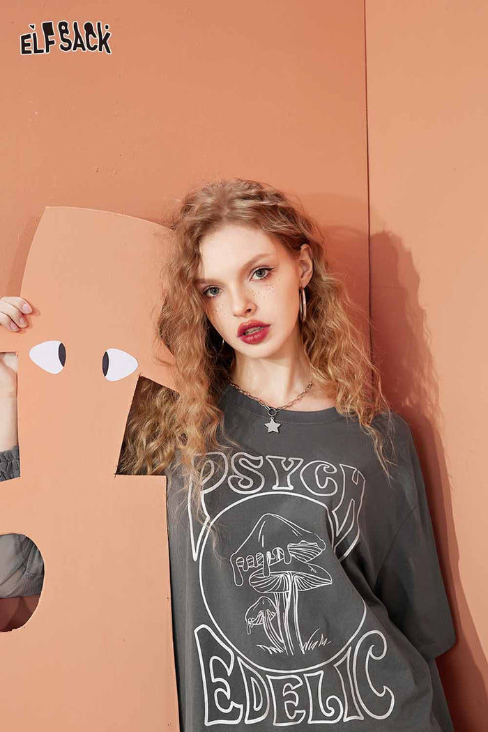 ELFSACK Loose Mesh Patchwork Design Long Sleeve Tshirt