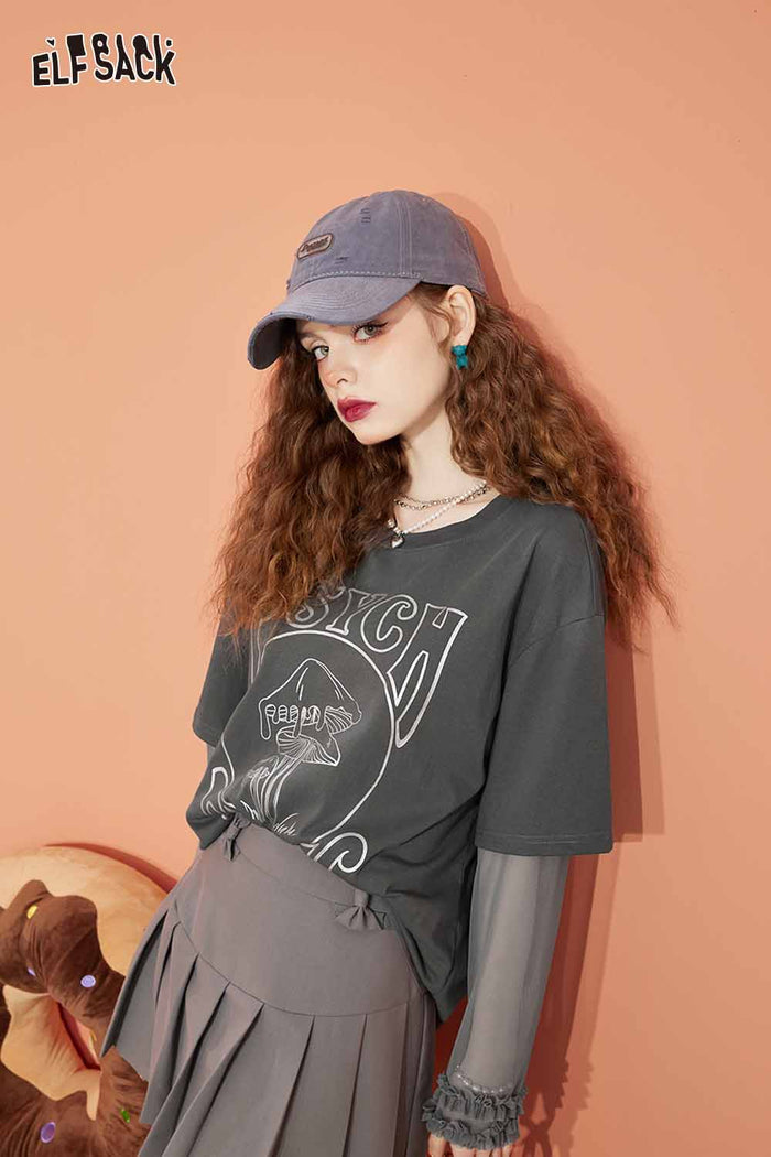 ELFSACK Loose Mesh Patchwork Design Long Sleeve Tshirt