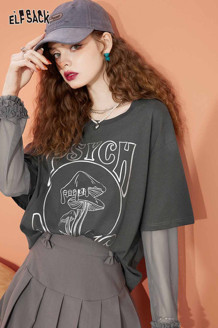 ELFSACK Loose Mesh Patchwork Design Long Sleeve Tshirt