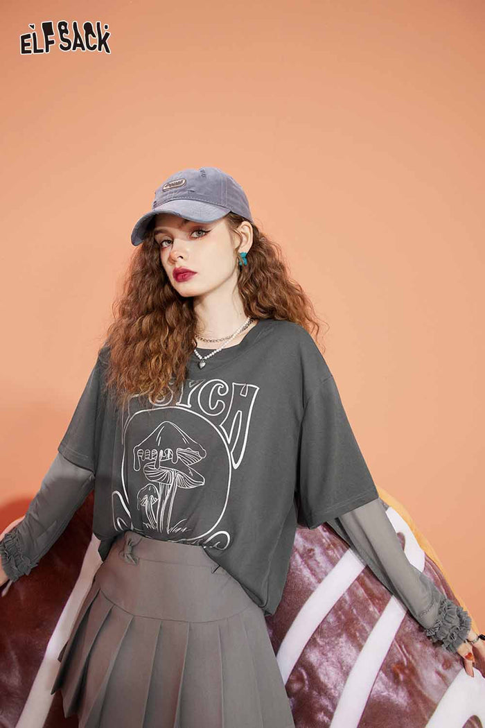 ELFSACK Loose Mesh Patchwork Design Long Sleeve Tshirt