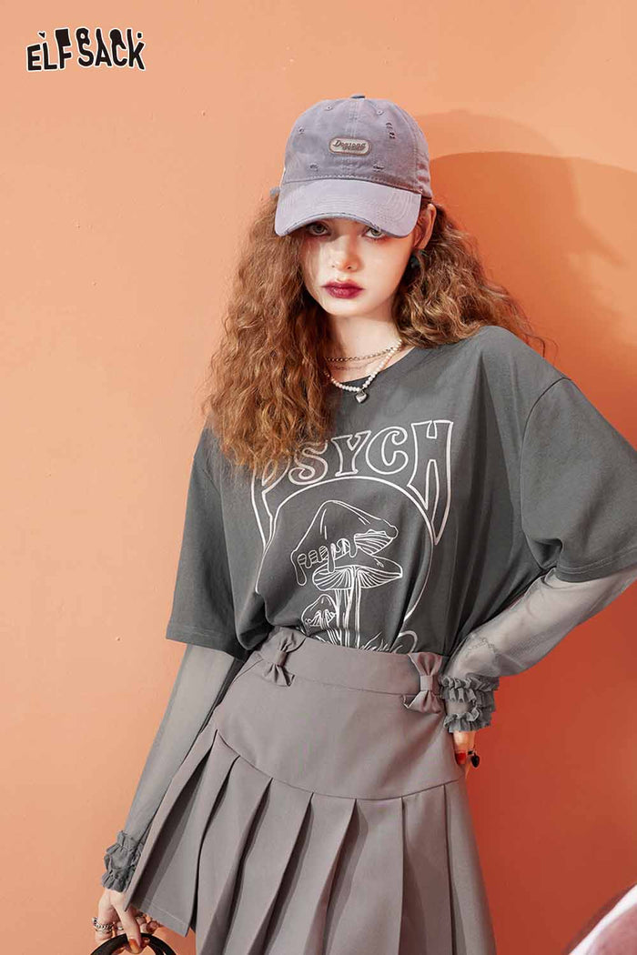 ELFSACK Loose Mesh Patchwork Design Long Sleeve Tshirt