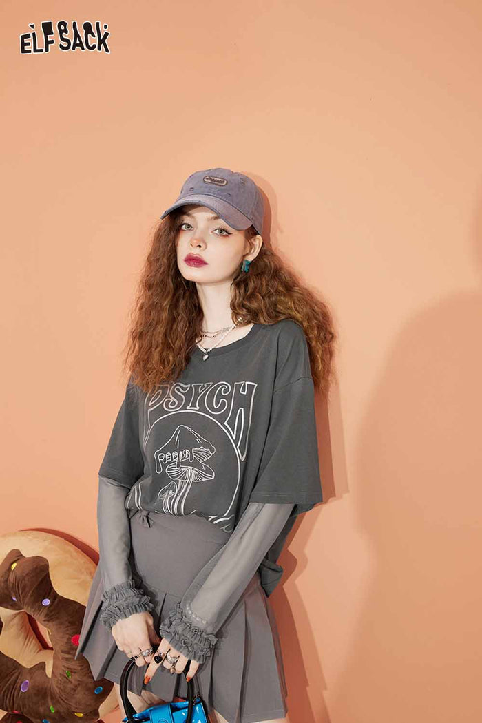 ELFSACK Loose Mesh Patchwork Design Long Sleeve Tshirt