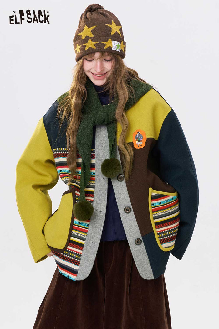 ELFSACK Loose Pattern Patchwork Stripe Contrast Sleeve Round Neck Coat