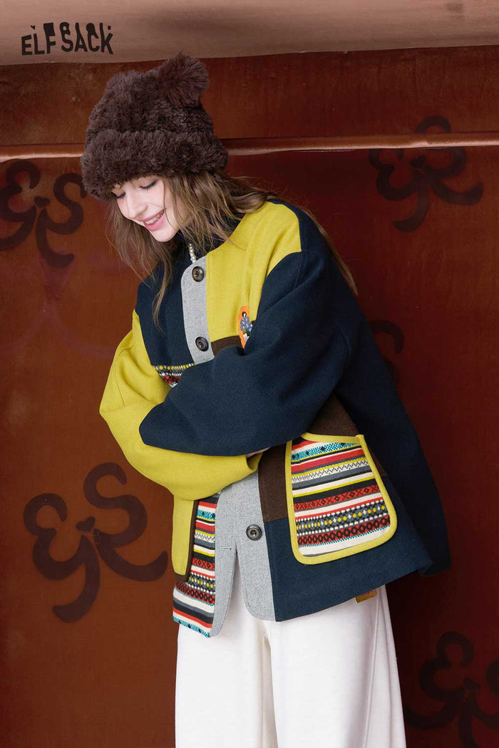 ELFSACK Loose Pattern Patchwork Stripe Contrast Sleeve Round Neck Coat