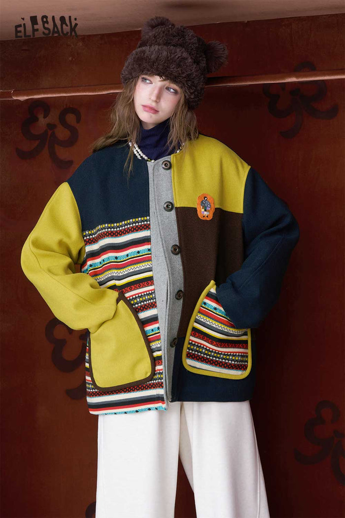 ELFSACK Loose Pattern Patchwork Stripe Contrast Sleeve Round Neck Coat