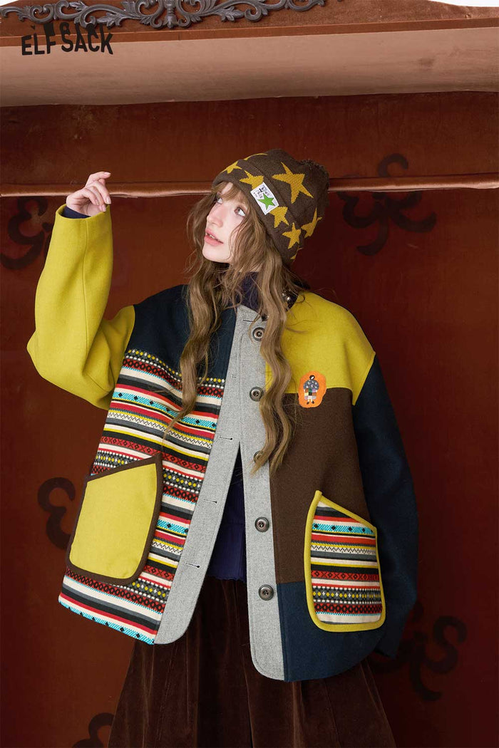 ELFSACK Loose Pattern Patchwork Stripe Contrast Sleeve Round Neck Coat