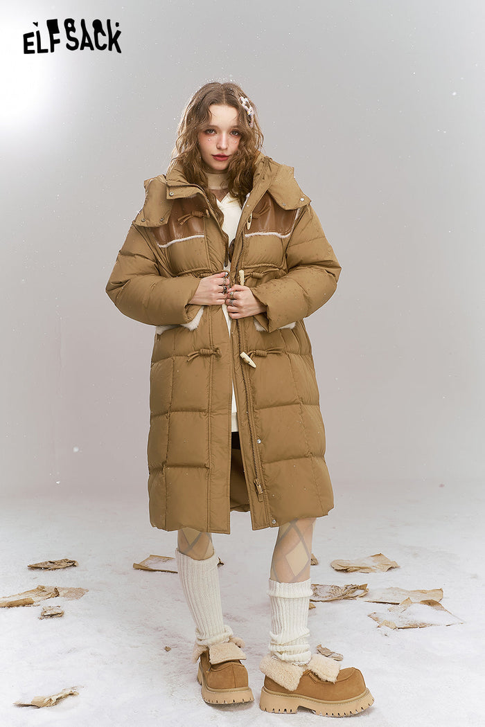 ELFSACK Loose retro print medium long hooded warm down coat