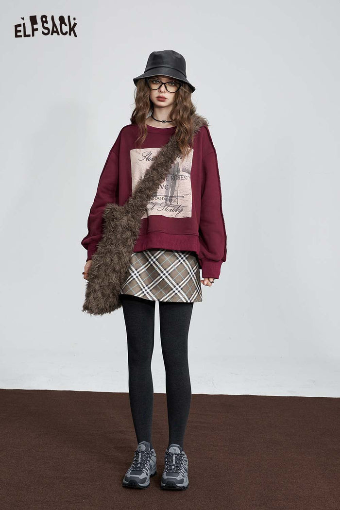 ELFSACK Loose Round Neck Graphic Fleece Pullover Sweatshirt