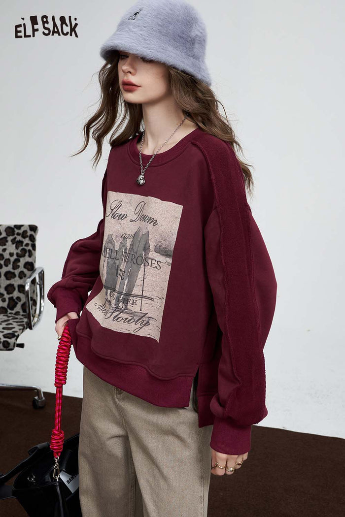 ELFSACK Loose Round Neck Graphic Fleece Pullover Sweatshirt