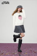 ELFSACK Loose Soft Warm Pink Strawberry Applique Fluffy Sweater