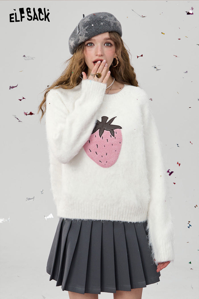 ELFSACK Loose Soft Warm Pink Strawberry Applique Fluffy Sweater