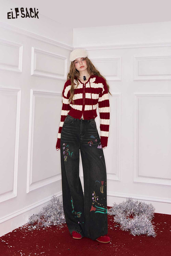 ELFSACK Loose Straight Graphic Floor Length Jeans