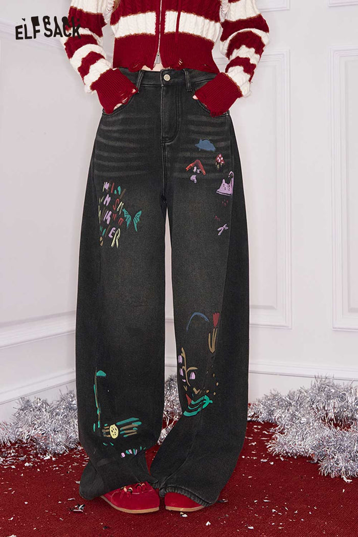 ELFSACK Loose Straight Graphic Floor Length Jeans