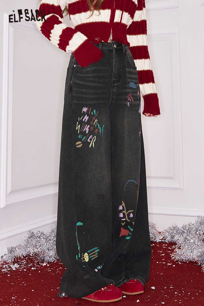 ELFSACK Loose Straight Graphic Floor Length Jeans