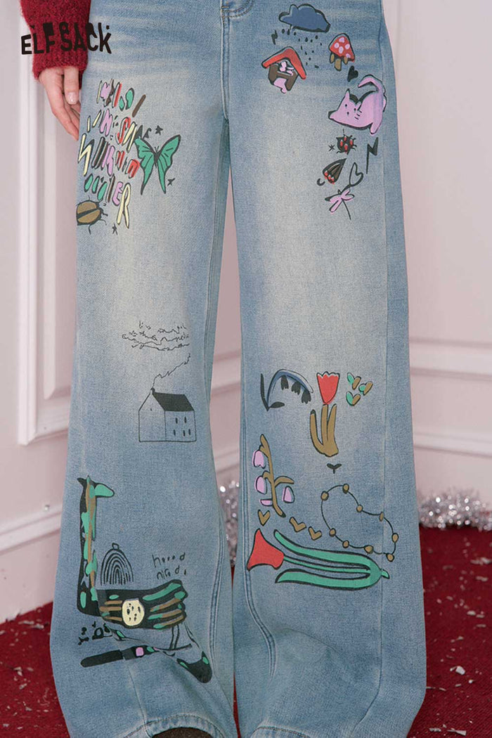 ELFSACK Loose Straight Graphic Floor Length Jeans