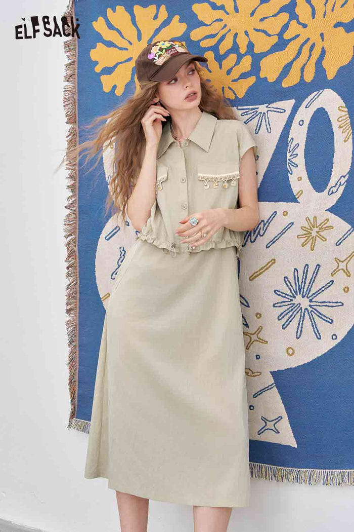 ELFSACK Lycra Pinch Waist Two Piece Shirt Midi Dress