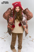 ELFSACK Maillard retro printed short standing collar warm down jacket