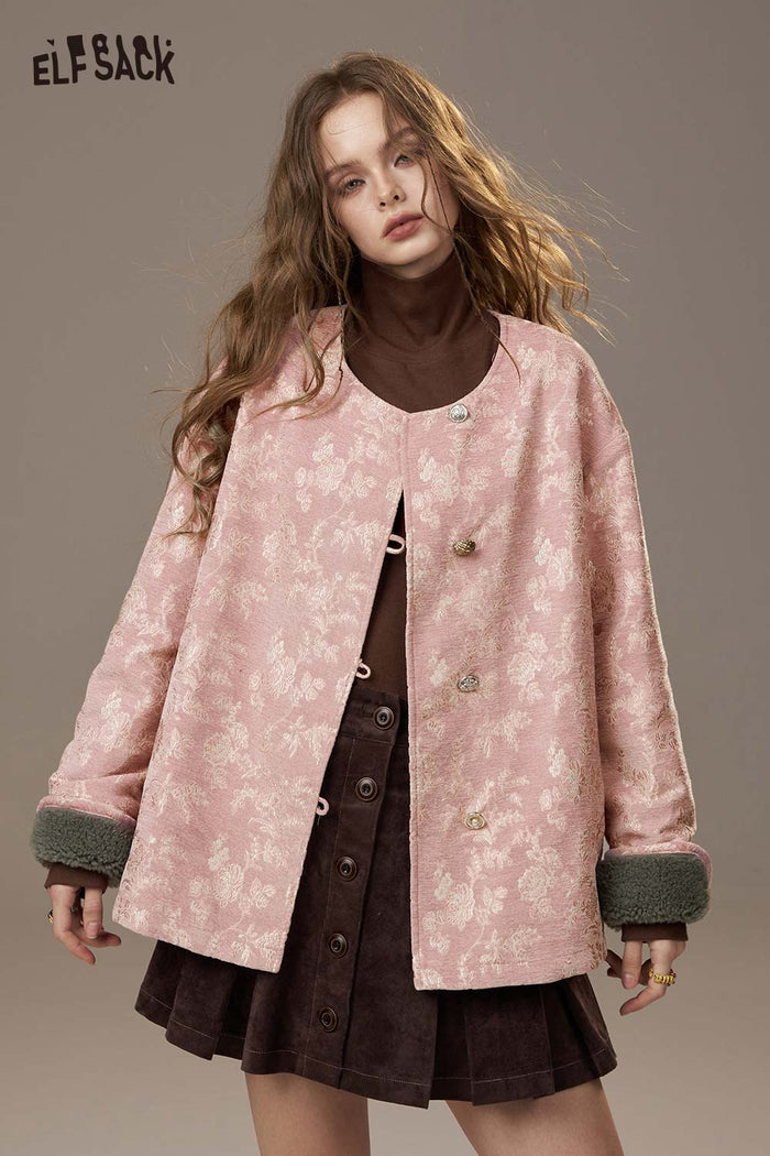 ELFSACK Matte Nylon Shearling Panel Embroidery Oriental Inspired Jacket
