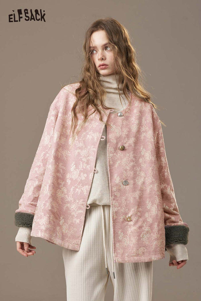 ELFSACK Matte Nylon Shearling Panel Embroidery Oriental Inspired Jacket