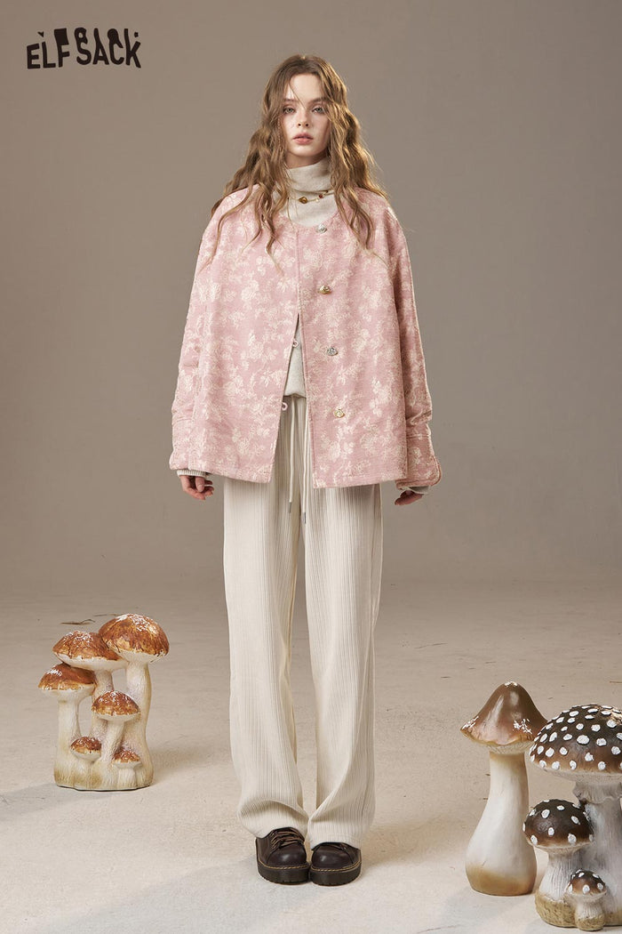 ELFSACK Matte Nylon Shearling Panel Embroidery Oriental Inspired Jacket