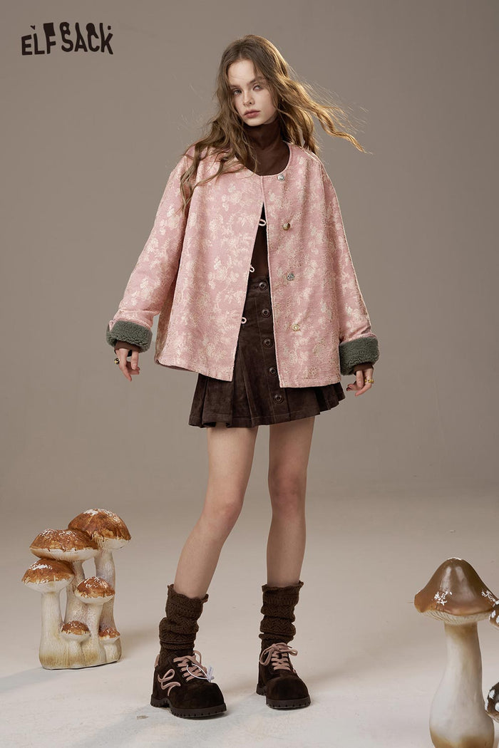 ELFSACK Matte Nylon Shearling Panel Embroidery Oriental Inspired Jacket