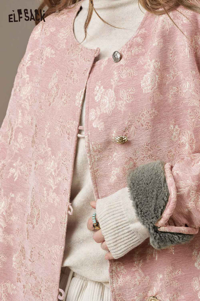 ELFSACK Matte Nylon Shearling Panel Embroidery Oriental Inspired Jacket