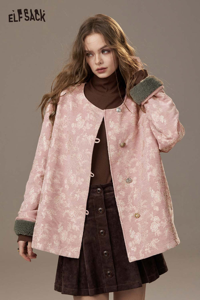 ELFSACK Matte Nylon Shearling Panel Embroidery Oriental Inspired Jacket