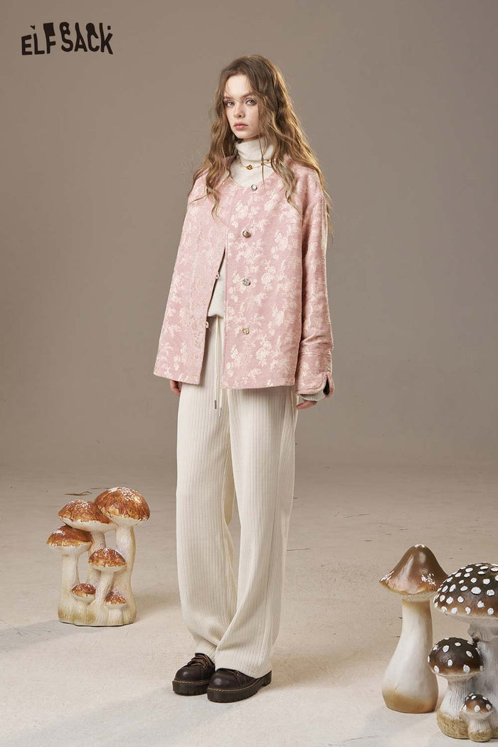 ELFSACK Matte Nylon Shearling Panel Embroidery Oriental Inspired Jacket