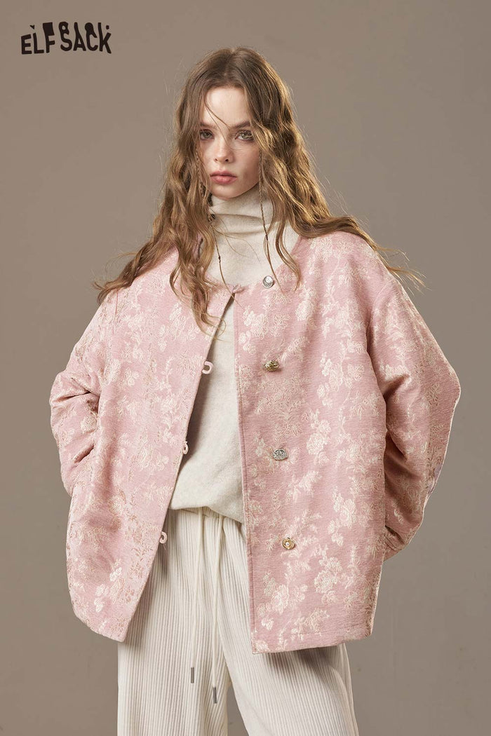 ELFSACK Matte Nylon Shearling Panel Embroidery Oriental Inspired Jacket