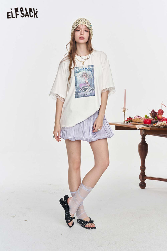ELFSACK Mermaid Beige Oversized Lace Trim Tee