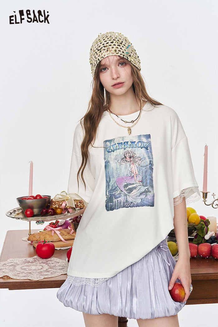 ELFSACK Mermaid Beige Oversized Lace Trim Tee