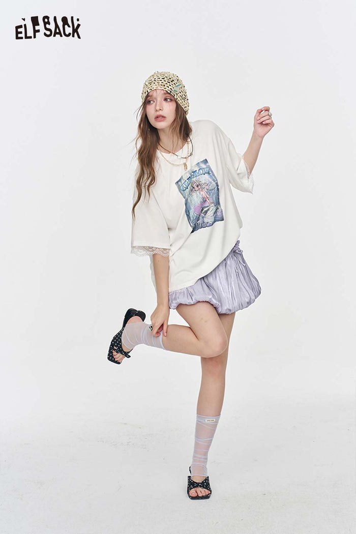 ELFSACK Mermaid Beige Oversized Lace Trim Tee
