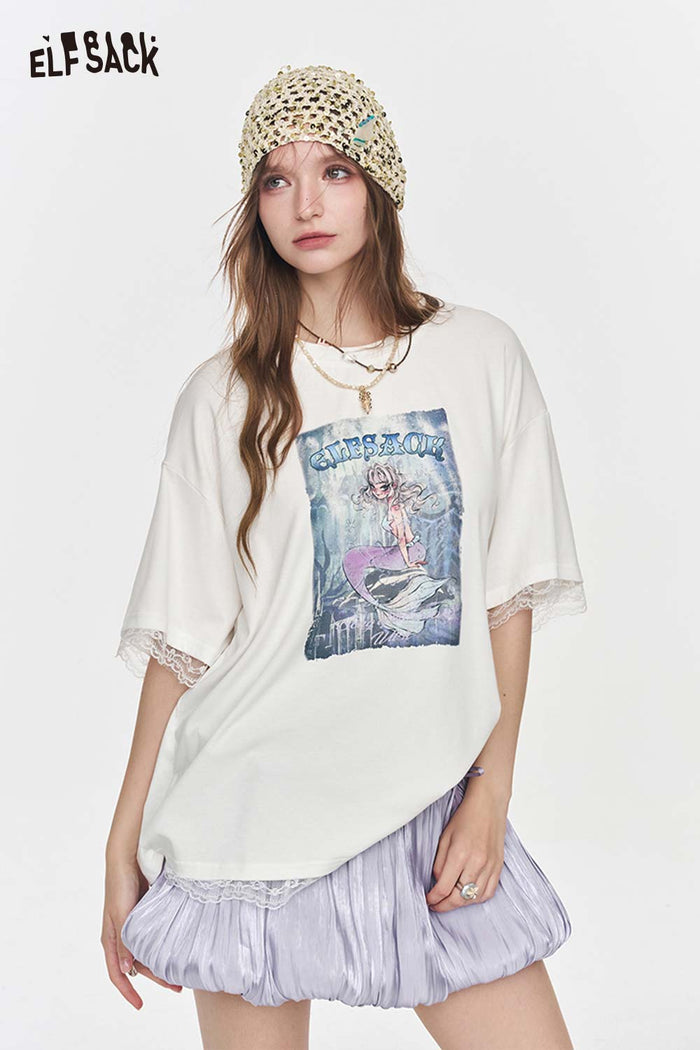 ELFSACK Mermaid Beige Oversized Lace Trim Tee