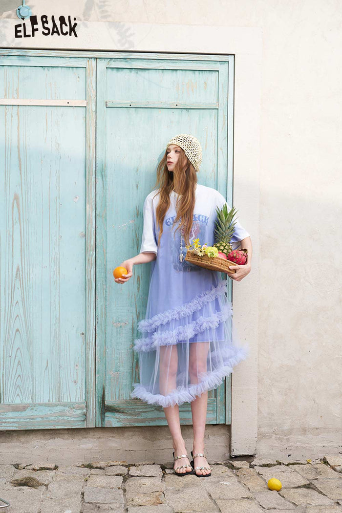 ELFSACK Mermaid Print Gradient Tulle Layer T Shirt Dress