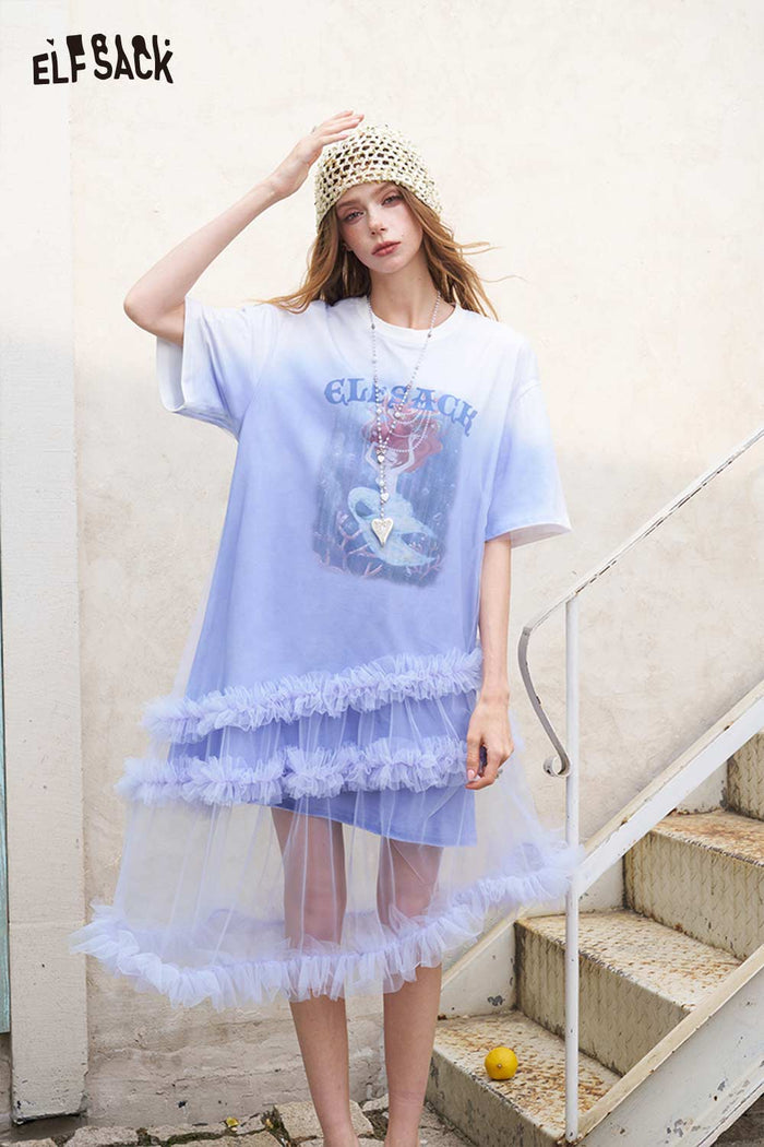 ELFSACK Mermaid Print Gradient Tulle Layer T Shirt Dress