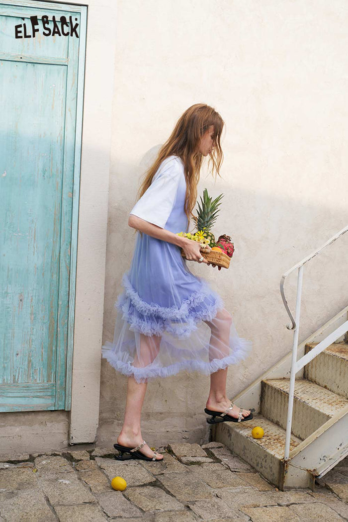 ELFSACK Mermaid Print Gradient Tulle Layer T Shirt Dress
