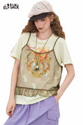 ELFSACK Mesh Cotton Loose Halter Printed Two-Piece T-Shirt