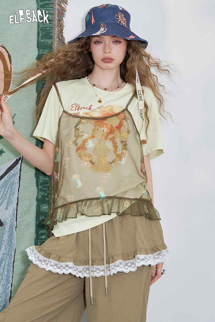 ELFSACK Mesh Cotton Loose Halter Printed Two-Piece T-Shirt