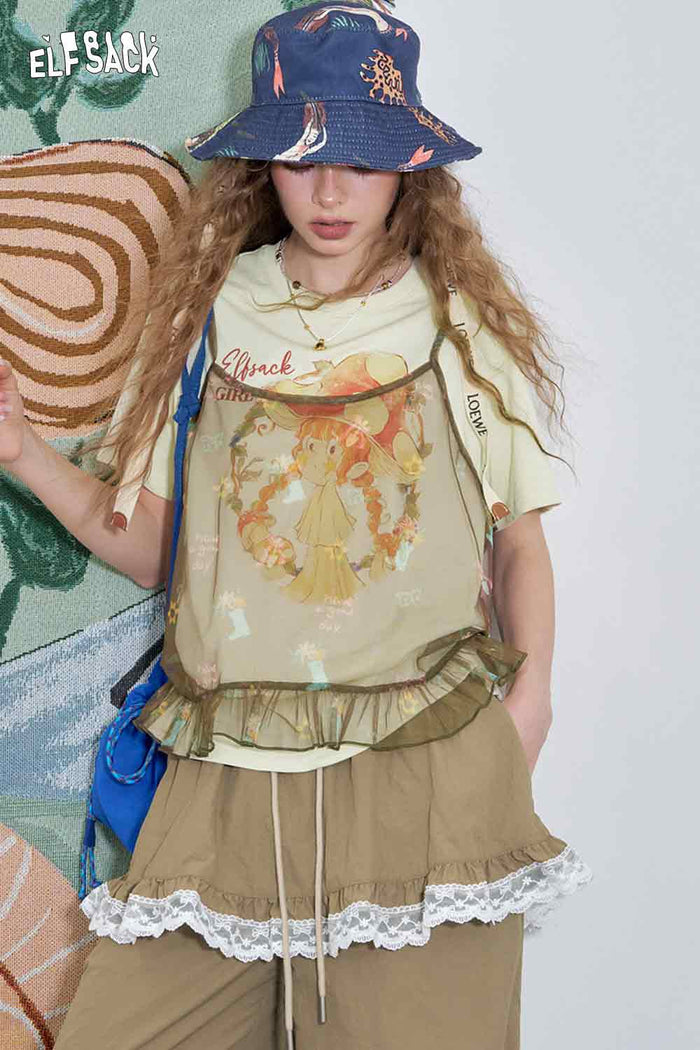 ELFSACK Mesh Cotton Loose Halter Printed Two-Piece T-Shirt